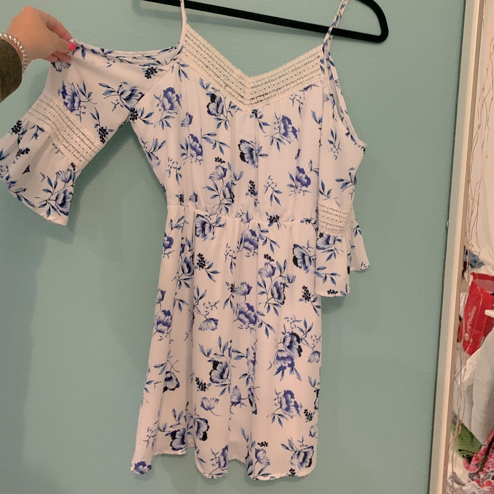 Blue Floral White Dress